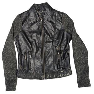 Y2K J2 Faux Leather Moto Jacket Knit Sleeves Black Zip Up XS